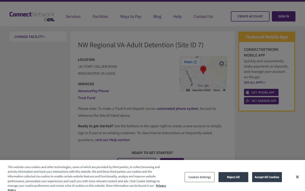 ConnectNetwork facility page for Northwestern Regional Adult Detention Center showing phone and trust fund services